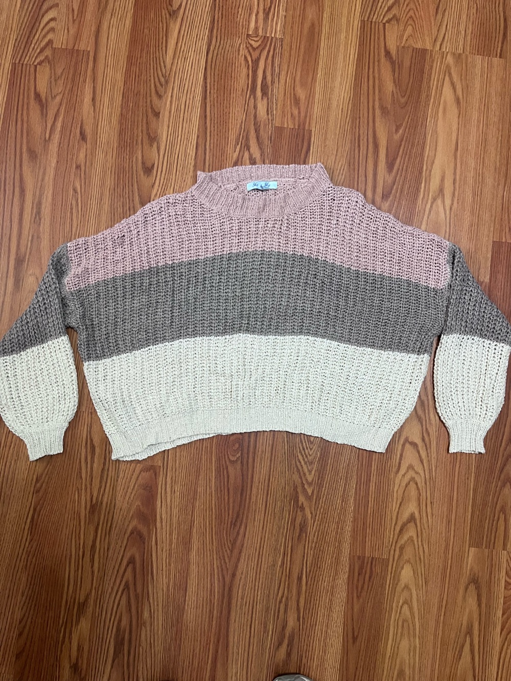 She + Sky Striped Cropped Crewneck Knit Sweater in Pink, Gray & Cream